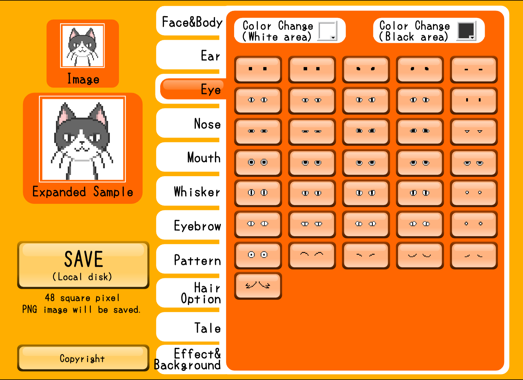 First-party runtime capture of a 48px pixel cat with feature and background controls