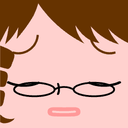 Avatar with oval glasses and a closed, quiet mouth
