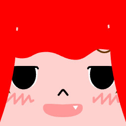 Avatar with red bangs and a tiny fang smile