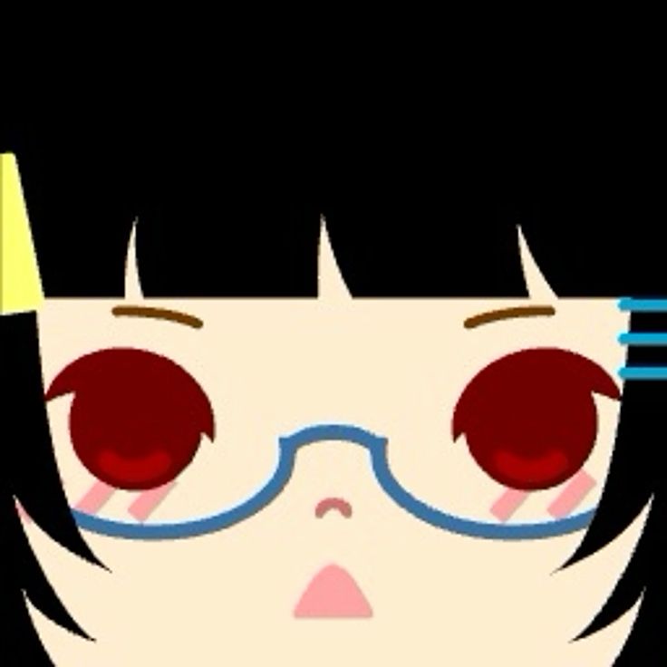 Avatar with blue-rimmed glasses and dark red eyes