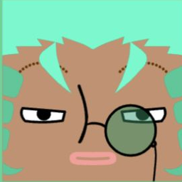 Avatar with jagged mint and tan hair, rectangular glasses, and a green-tinted lens