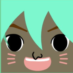 Dark avatar with mint center-parted hair, glossy eyes, whiskers, and a wide smile