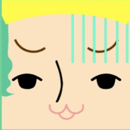 Avatar with straight mint fringe under a yellow cap and a small cat-like smile