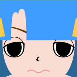 Pink avatar with a bright blue bob, outlined eyes, and an uneasy wavy mouth