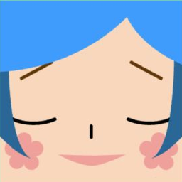 Avatar with side-swept blue hair, closed eyes, butterfly cheeks, and a soft smile