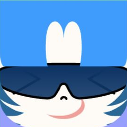 White avatar with short blue hair, oversized navy sunglasses, and a small smile