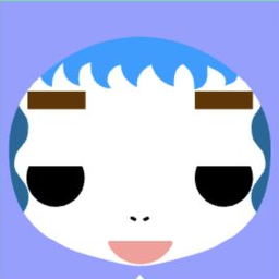 White avatar in a lavender hood with curled blue fringe and an open pink smile
