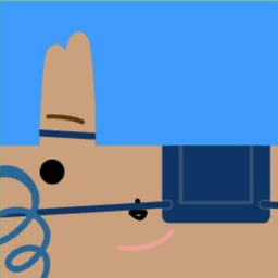 Brown avatar with a blocky blue bob, rectangular glasses, and a spiral side curl