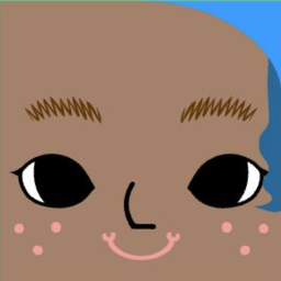 Brown avatar with arched brows, almond eyes, pink freckles, and a cat-like smile