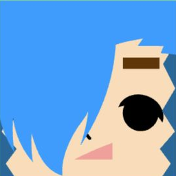 White avatar with blue hair covering one eye, a yellow clip, and a coral triangle mouth
