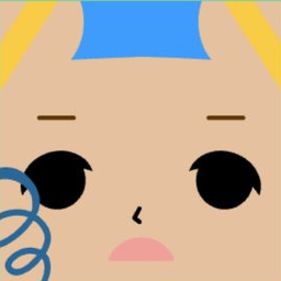 Tan avatar with yellow cat ears, blocky blue bangs, and a pink downturned mouth