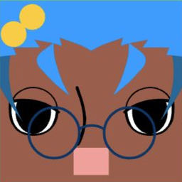 Dark avatar with spiky blue-and-brown hair, round glasses, and yellow bubble clips