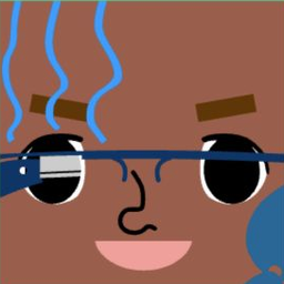 Brown avatar with blue curling locks, narrow rectangular glasses, and a small smile