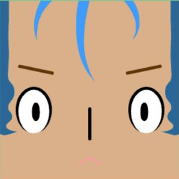 Tan avatar with two wispy blue bangs, wide white eyes, and a tiny vertical nose