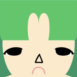 Avatar with blocky green hair, narrow black eyes, a triangle nose, and a pink frown