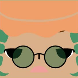 Brown avatar wearing a coral hat, round olive glasses, and a small pink mouth