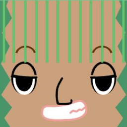 Tan avatar with striped mint bangs, sleepy eyes, a long nose, and clenched teeth