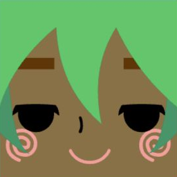 Dark avatar with center-parted mint hair, spiral cheeks, and a relaxed pink smile