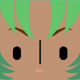 Brown avatar with split mint bangs, spiky side hair, and simple black oval eyes