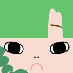 Pink avatar with flat mint hair, long black eyes, and a small downturned mouth