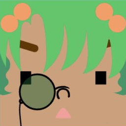 Brown avatar with flowered mint bangs, one green monocle, and one square eye