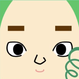 Avatar with thick brows, wide outlined eyes, a mint cheek curl, and a soft smile