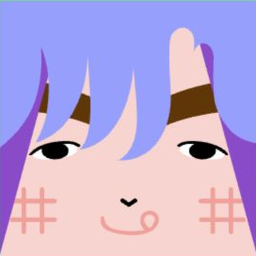 Pink avatar with lavender bangs, sleepy eyes, grid-pattern cheeks, and a curled smile