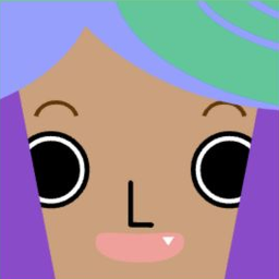 Brown avatar with swept green-and-purple hair, round eyes, and a tiny fang smile