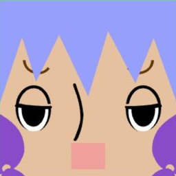 Tan avatar with three pointed lavender bangs, half-closed eyes, and a square pink mouth
