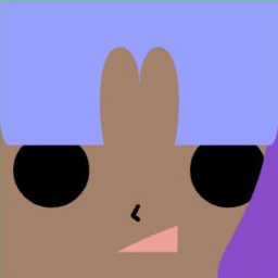 Brown avatar with blocky lavender hair, black oval eyes, and a pink triangle mouth