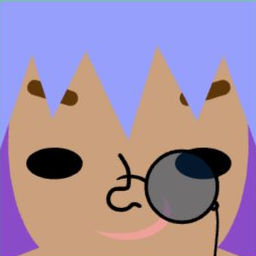 Brown avatar with pointed lavender bangs, a dark monocle, and a small pink mouth