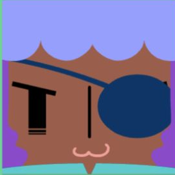 Dark avatar with a lavender bob, one navy eye patch, and a curled pink smile