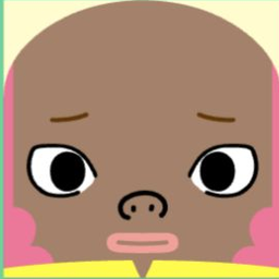Dark avatar with wide black eyes, a pig nose, pink cheek panels, and small lips