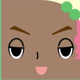 Brown avatar with a green bubble hair clip, arched brows, and a playful pink tongue