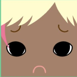 Dark-skinned avatar with sweeping cream hair, large black eyes, and a small frown