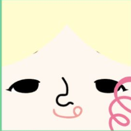 White avatar with pointed cream fringe, sleepy eyes, and a curled coral smile