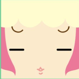 Avatar with scalloped cream bangs, closed line eyes, and tiny puckered lips