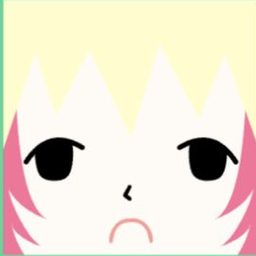 White avatar with triangular cream fringe, black eyes, pink side hair, and a frown