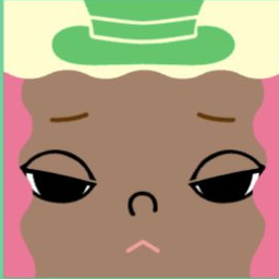 Brown avatar wearing a small green top hat with narrow eyes and a deep frown