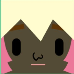 Dark avatar with M-shaped cream hair, tall black eyes, and a tiny cat mouth