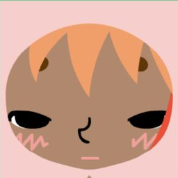 Brown avatar with coral center bangs, sleepy eyes, and a pink lightning cheek mark