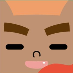 Brown avatar with coral cat ears, thick brows, closed eyes, and one tiny fang