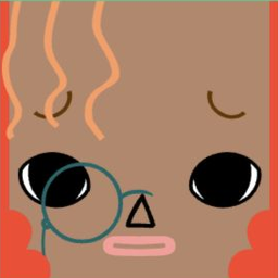 Brown avatar with wavy coral bangs, a teal monocle, and a triangle nose