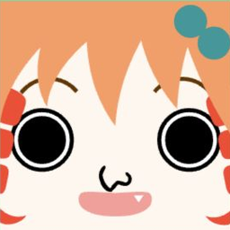 White avatar with spiky coral hair, huge round eyes, and a small fang smile
