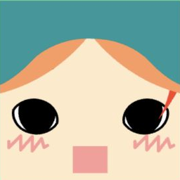 Avatar with teal hooded hair, large black eyes, striped blush, and a square mouth