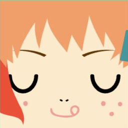Avatar with short coral hair, closed eyes, freckles, and a curled smile