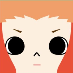 White avatar with jagged coral hair, sharply slanted brows, and huge black eyes
