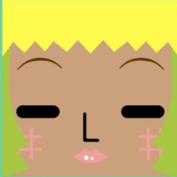 Brown avatar with jagged yellow bangs, closed eyes, and pink grid cheek marks