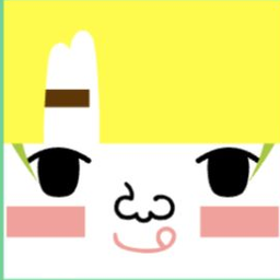 White avatar with blocky yellow hair, pink cheek bars, and a curled cat mouth