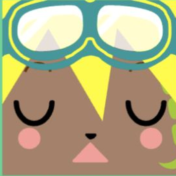 Brown avatar with pointed yellow hair, aviator goggles, closed eyes, and round cheeks